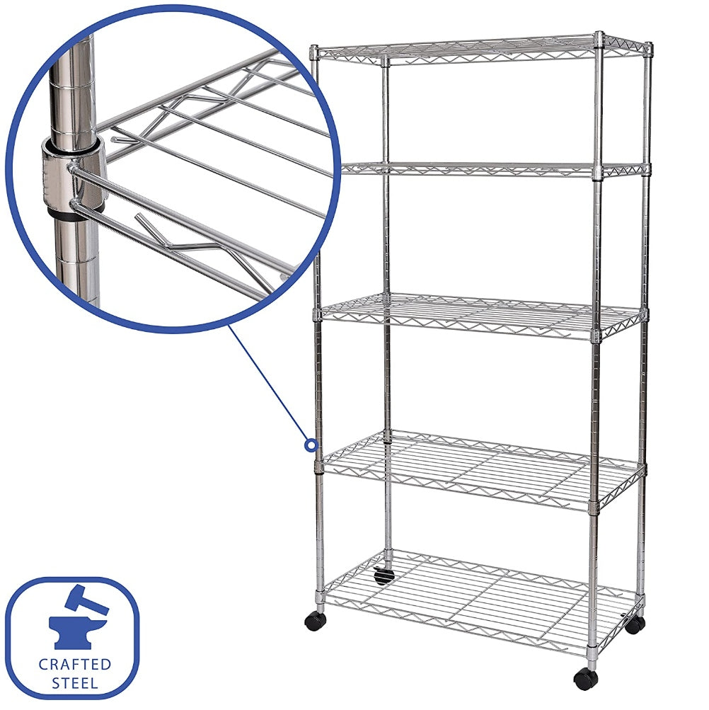 Adjustable 5-Layer Wire Shelving Unit with 250KG Load Capacity per Layer - Heavy Duty Storage Rack for Garage, Home, and Commercial Use - Chrome Plated Metal Wire Shelf Rack (L900/1200 x W450 x H1800mm)