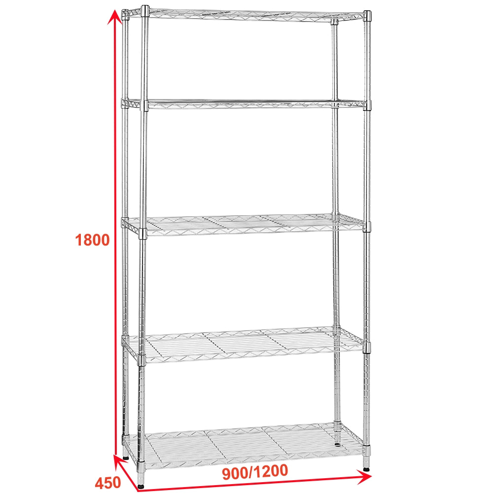 Adjustable 5-Layer Wire Shelving Unit with 250KG Load Capacity per Layer - Heavy Duty Storage Rack for Garage, Home, and Commercial Use - Chrome Plated Metal Wire Shelf Rack (L900/1200 x W450 x H1800mm)